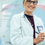 Confident healthcare professional with a warm smile, representing Zamann Pharma's collaboration with BioRN for advancing life science research and digital pharmaceutical solutions in Germany's dynamic biotech hub.